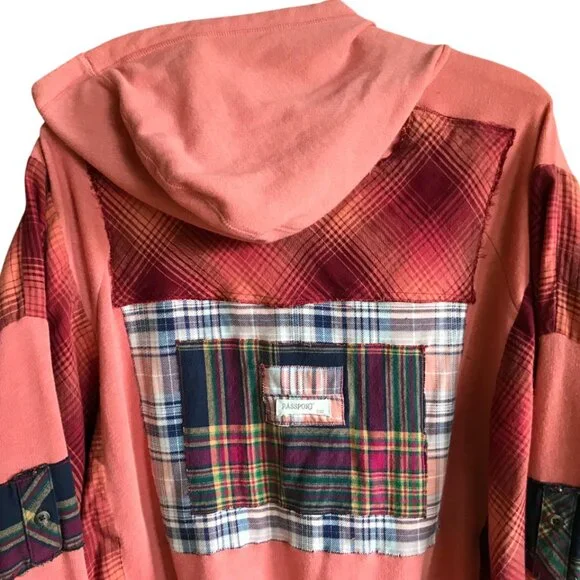 Coral Patchwork Upcycled Hoodie, Size M-L: Boho Cottagecore Zip-Up Jacket - Picture 3 of 15